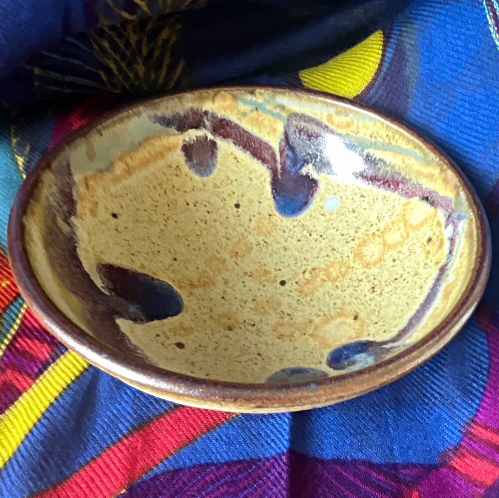Round Pottery Bowl Beige Blue Brown Glaze Small Approx 6 in Footed Base